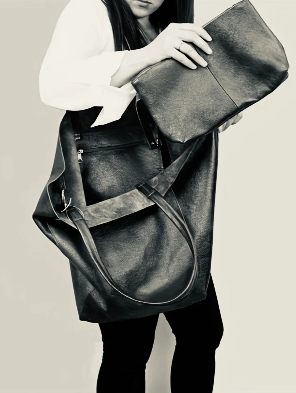 New -XL -Oversized Faux Leather Bag Set -Black